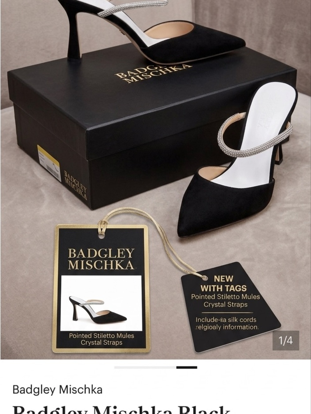 Badgley Mischka Black Pointed Stiletto Mules with Crystal Straps